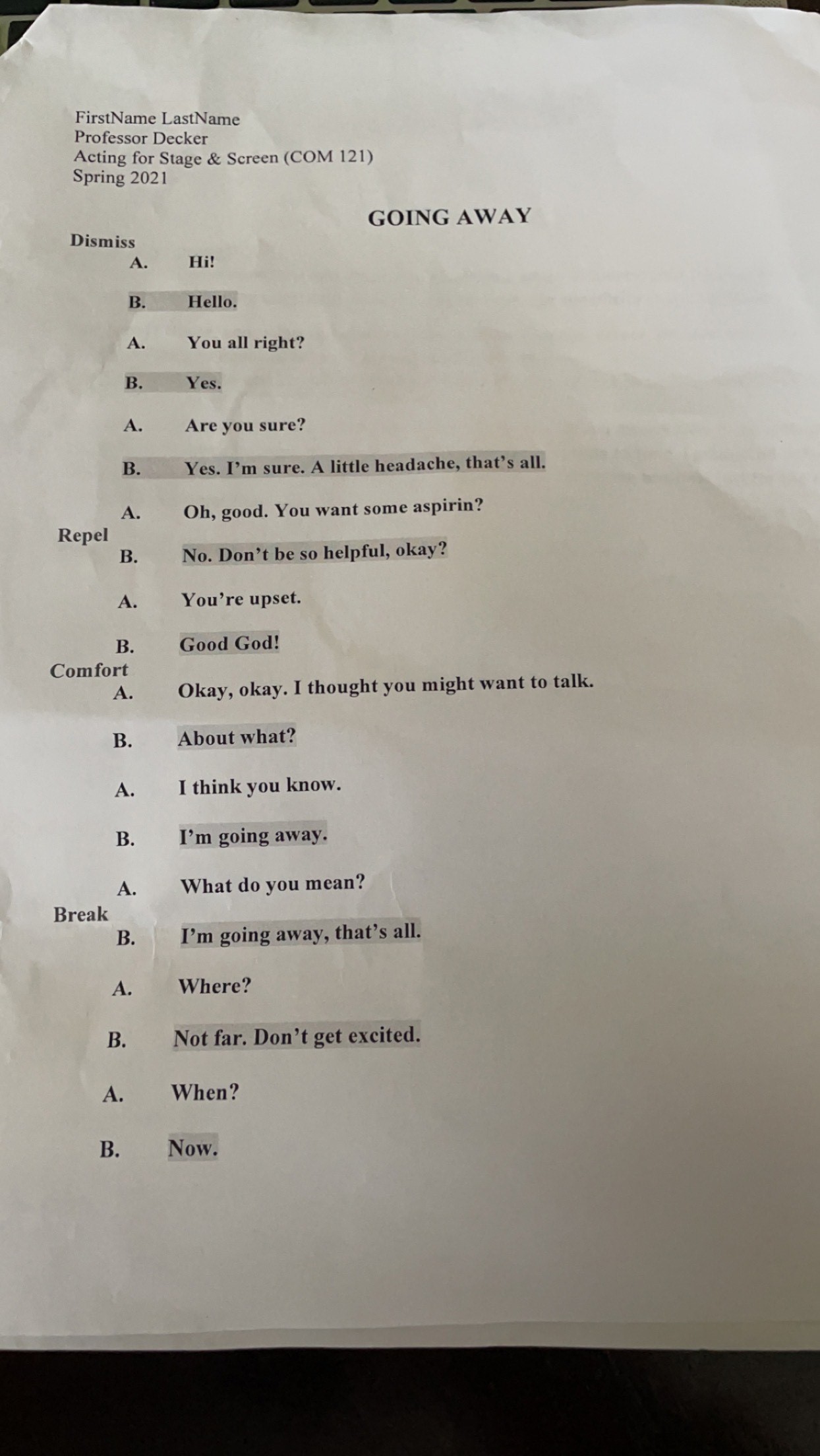 photo of a script from class